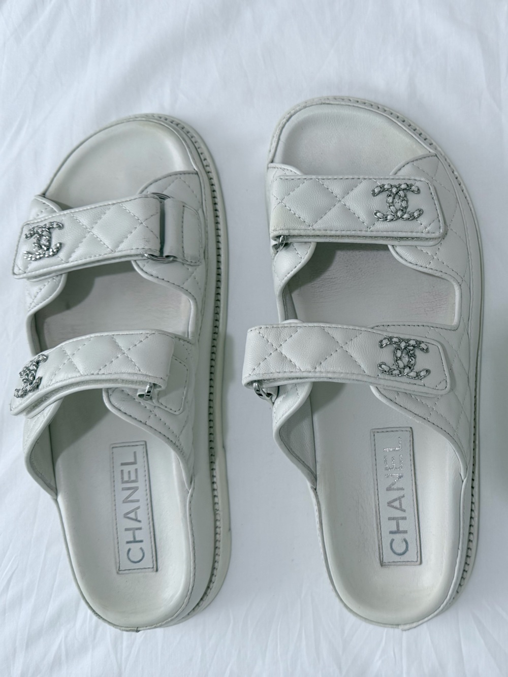 CHANEL White Quilted Double-Strap Slide Sandals with CC Hardware 39 C